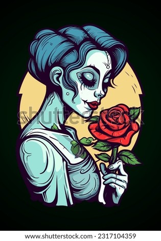 romantic zombie girl holding flower illustration