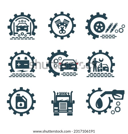 A set of vector logos of transport and auto parts. Royalty-Free Stock Photo #2317106191
