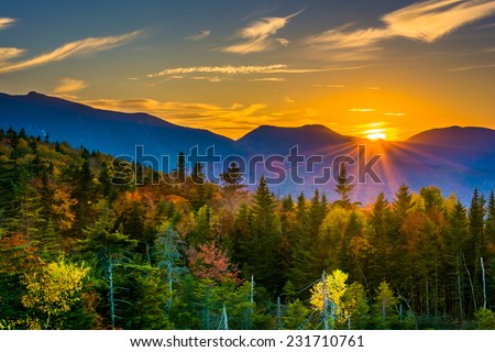Sunset from  Kancamagus Pass, on the Kancamagus Highway in White Mountain National Forest, New Hampshire. Royalty-Free Stock Photo #231710761