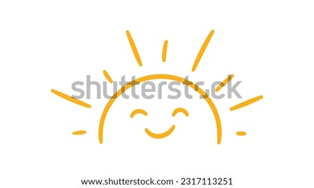 Yellow half sun icon in doodle style. Hand drawn sunset simple graphic symbol. Summer heat icon. Half round solar element. Vector illustration isolated on white background.