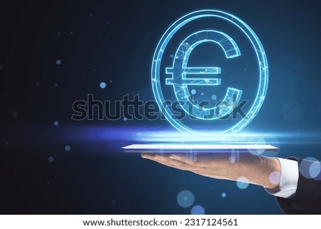 Close up of businessman hand holding mobile phone with glowing round euro sign on blurry blue bokeh background. Online banking, money and invest concept