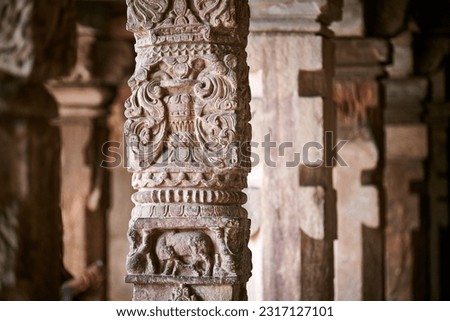 Stone columns with decorative bas relief of Qutb complex in South Delhi, India, close up pillars in ancient ruins of mosque landmark, popular touristic spot in New Delhi, ancient indian architecture Royalty-Free Stock Photo #2317127101