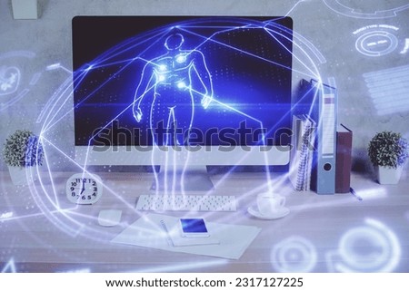 Desktop computer background and education theme drawing. Double exposure. Study concept.