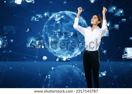 Connecting businesspeople, video conference concept. Attractive happy young european businesswoman with abstract blue globe with polygonal mesh and images on blurry background