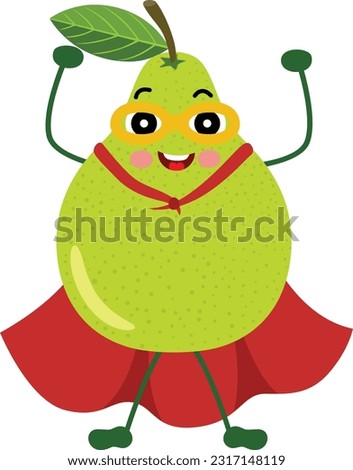 Cute green pear mascot  in traditional costume of superhero