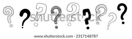 Question mark set hand drawn in doodle style, vector illustration. Icon question symbol for print and design. Quiz and Exam concept, isolated elements on white background. Graphic sign ask and fqa