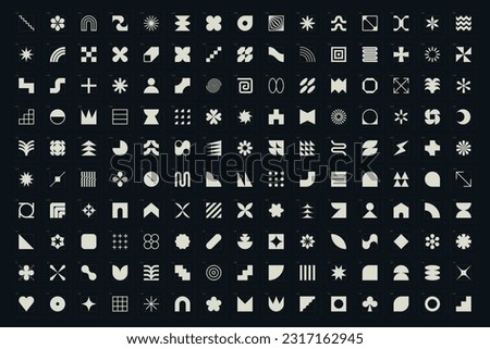 Collection of geometric, monochrome and abstract shapes and symbols, inspired by Bauhaus, modernism, brutalism, minimalism, and Swiss style. Royalty-Free Stock Photo #2317162945