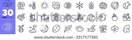 Mountain flag, Peas and Juice line icons pack. Potato, Eco food, Moon web icon. Environment day, Windmill, Weather thermometer pictogram. Fish, Moon stars, Sun energy. World water. Vector Royalty-Free Stock Photo #2317177281