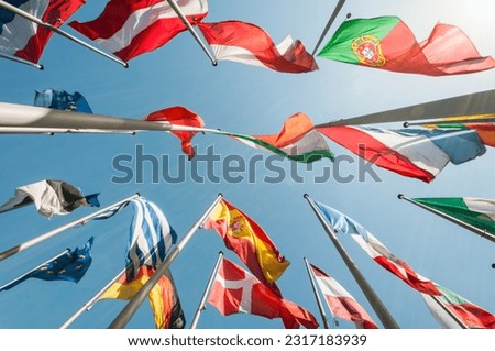 European Flags in front of blue sky