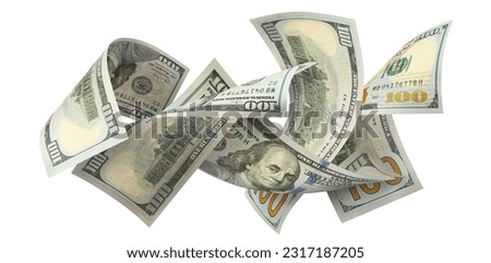 Flying 100 American dollars banknotes, isolated on white background Royalty-Free Stock Photo #2317187205