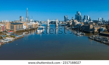 Aerial view of the Tower Bridge in London. One of London's most famous bridges and must-see landmarks in London. Beautiful panorama of London Tower Bridge.