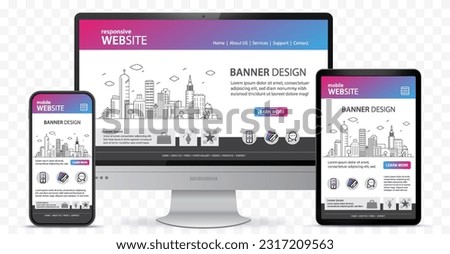 Website Design With Desktop Computer, Tablet PC and Mobile Phone Screen Vector Illustration. Digital devices on transparent background.