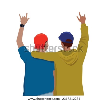 Friends hug and show their fingers the horns of a goat, a symbol of rock music fans.  Friendship. Vector illustration.