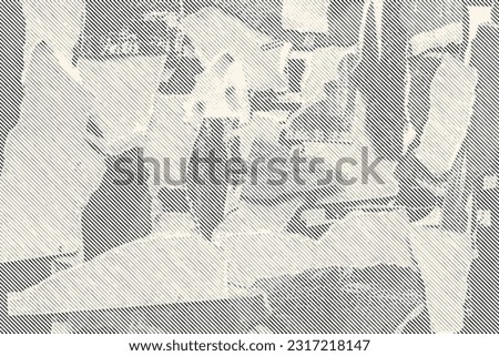 Abstract halftone background in woodcut style with scraps of paper. Torn paper texture and painting stains background. Vector illustration