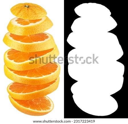 Sliced orange citrus fruit isolated on white background. Orange slices with clipping mask (alpha channel) for quick isolation. Full depth of field.
