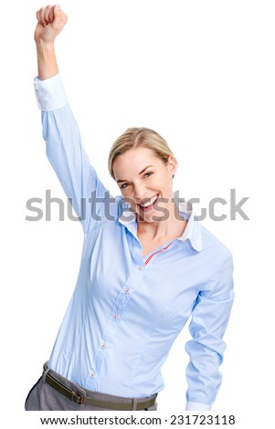 Positive young employee with arms up celebrating