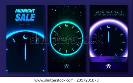 Set of Midnight Sale Poster and Social Media Story Templates. 3D rendering of empty podium with neon clock. Up to 50% off and more tagline and Swipe Up Icon CTA on bottom. Vector. EPS 10 Royalty-Free Stock Photo #2317231873