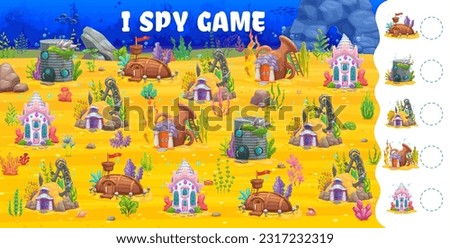 I spy game cartoon fairytale underwater house buildings. Vector riddle worksheet with cartoon tin can, jug, ship and anchor with seashell fantasy homes on sea bottom. How many dwellings children test