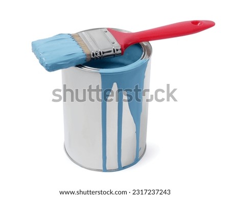 Can of light blue paint and brush isolated on white
