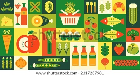 Geometric grocery store mosaic. Healthy food products, gourmet shop banner and supermarket promo vector grid tiles background illustration. Natural vegetables, fruit, meat and fish, beverages
