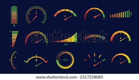 Electric car gauge scales. Energy meter, battery power level indicator for ev dashboard panel vector set. Automobile display for measuring petrol. Driving vehicle equipment with limit Royalty-Free Stock Photo #2317238085