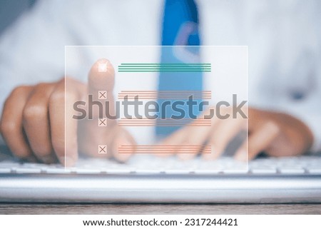 Businessman using computer online checklist for document approve. acceptance and quality agreement, assurance, correct sign. assessment online survey answer test questions Digital form.