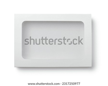 Top view of empty white paper box with transparent window isolated on white