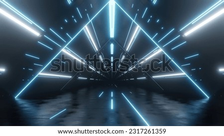 3d rendering of dark abstract sci-fi tunnel, Futuristic triangle spaceship corridor. Royalty-Free Stock Photo #2317261359