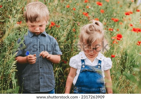 four year old boy and two year old girl shaking head sadly - shy, scared, angry poppies photo shoot, head down, siblings, sibling rivalry and love

