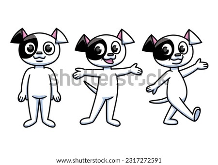 Flat illustration in color, of a cute dog character in three poses, in a cartoon style, drawing with border lines and outlined.