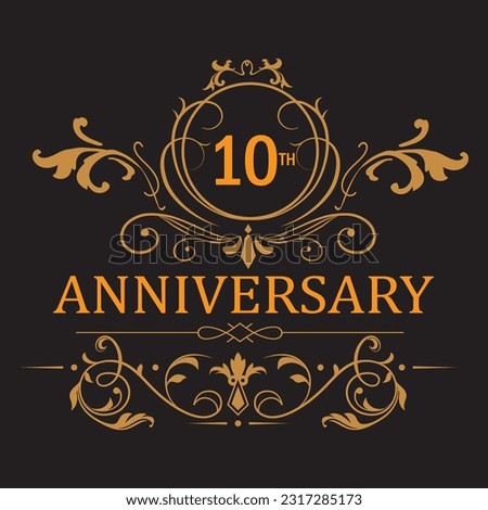 10th anniversary celebration.10 years anniversary logo with golden ribbon for booklet, leaflet, magazine, brochure poster, banner, web, invitation or greeting card. Vector illustrations.