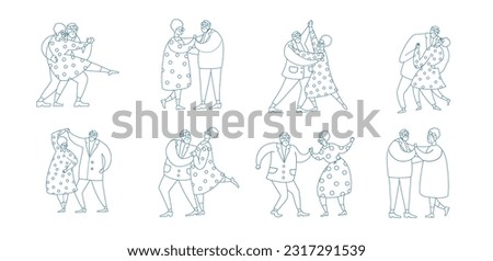 Set of contour Senior Couple Characters Dancing Waltz or Tango. Elderly People Active Lifestyle, Old Elegant Man and Woman in Love or Friend Relations Spend Time. Linear Vector Illustration Royalty-Free Stock Photo #2317291539