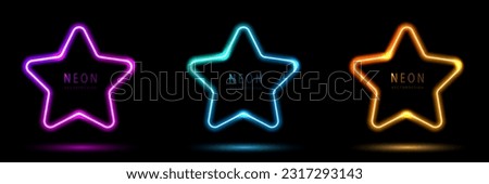 Set of glowing neon star lighting lines pink-purple, blue-green, orange-yellow, blue-green illuminate hexagon frame design. collection of glowing neon lighting on dark background with copy space. 