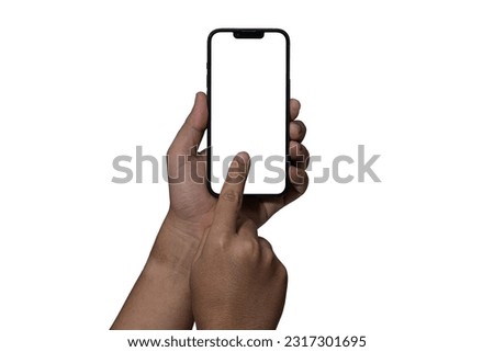 modern frameless design, Hand holding smart phone Mockup and screen Transparent and Clipping Path isolated for Infographic Business web site design app, holding smartphone