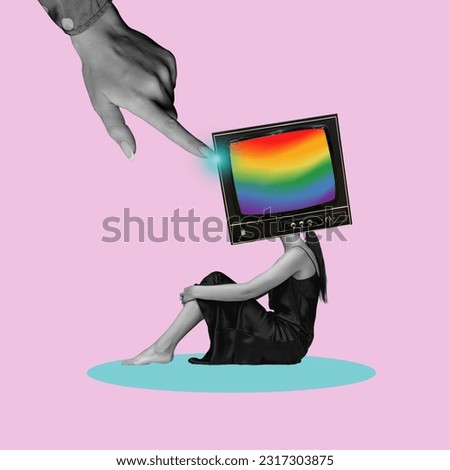 A girl with a retro television with a rainbow instead of a head. Modern art collage. Fake or rainbow information in the media. The concept of creativity, rumors, imagination, advertising