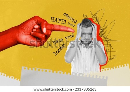 Poster banner collage of frustrated young guy with headache suffer work job office bully from colleagues boss Royalty-Free Stock Photo #2317305263