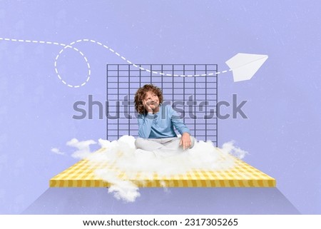 Exclusive magazine picture sketch collage image of dreamy thoughtful small kid dreaming flying plane isolated creative background