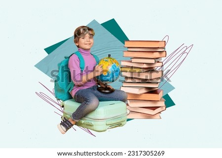 Photo collage picture of smiling cute little small boy learning geography dreaming travel isolated teal color background