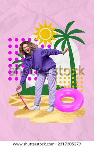 Vertical collage image of funky cool girl hold skateboard sand beach inflatable ring painted sun palm tree isolated on pink paper background