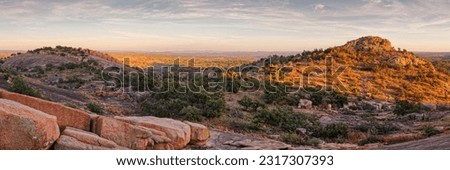 Golden Hour Light Settling on the Landscape of Enchanted Rock - Fredericksburg Texas Hill Country Royalty-Free Stock Photo #2317307393