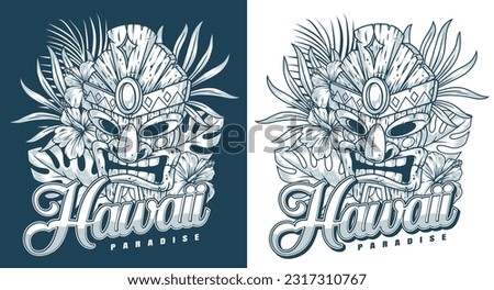 Hawaiian Tiki mask monochrome logotype with face of deity among leaves of exotic plants for advertising travel packages vector illustration