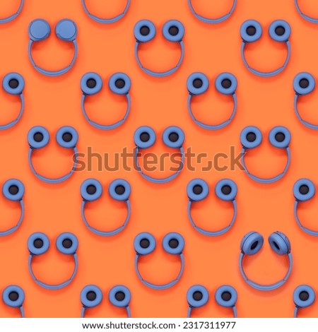 Seamless pattern with Wireless headphones. Pattern with blue headphones on a orange color background. Headphones in the shape of a smile. 