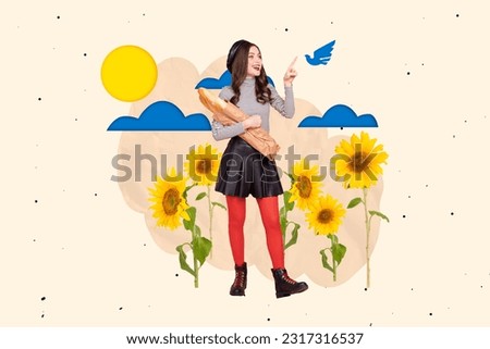 Photo collage artwork minimal picture of excited lady walking enjoying ukrainian fields isolated graphical background