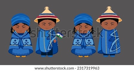 Lesotho national costume. Couple in Basotho blanket traditional clothes. Man and woman cartoon character. Isolated flat vector illustration.