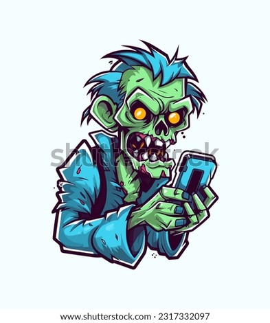 Unique hand drawn logo design featuring a zombie engrossed in phone gaming. Perfect for gaming enthusiasts