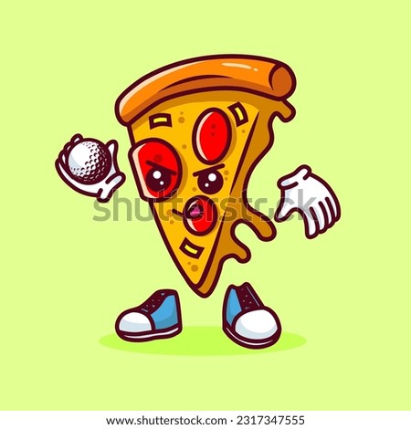 Vector illustration of kawaii pizza cartoon character with stick golf and ball. Vector eps 10