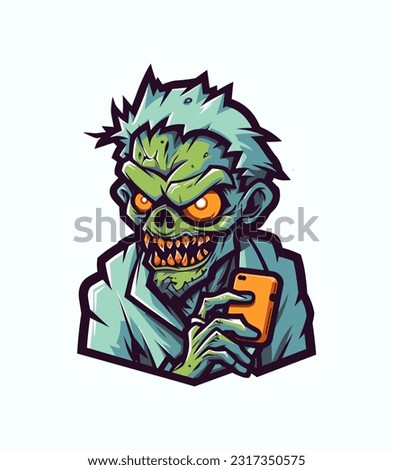 Zombie immersed in mobile gaming adventure. Hand drawn illustration with a touch of horror and humor