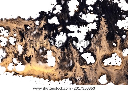 Paint drops and splashes on white paper. Multicolored explosion, black gold ink blots abstract background, fluid art