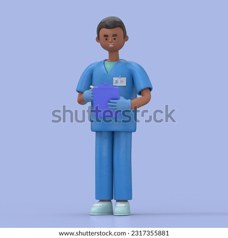 3D illustration of Male Doctor King holds blue clipboard. Professional caucasian male specialist. Medical clip art isolated on blue background. Hospital assistant
