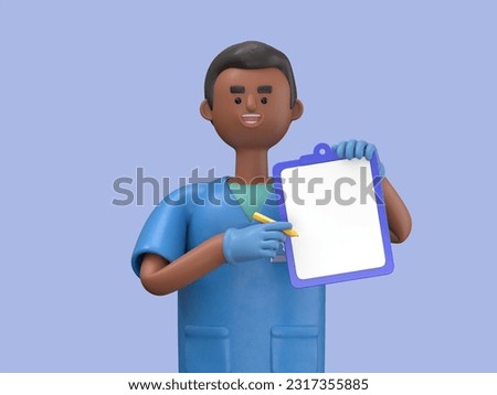 3D illustration of Male Doctor King shows finger up holds blank clipboard. Medical clip art isolated on blue background. Health insurance concept. Best choice or recommendation metaphor
